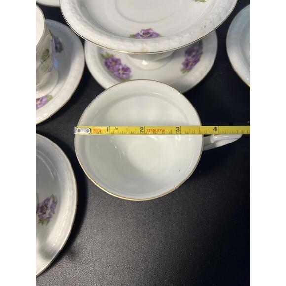 P.A.L.T. Czechoslovakia Vintage 1930s Violets Gold Trim 9 Sets Cups Saucers